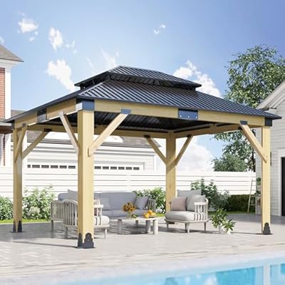 GARTOO 11’x13’ Outdoor Wooden Gazebo - Patio Galvanized Steel Gazebo with Double Vented Roof, Heavy-Duty Cedar Wooden Gazebo for Garden, Lawn, Poolside, Backyard Deck