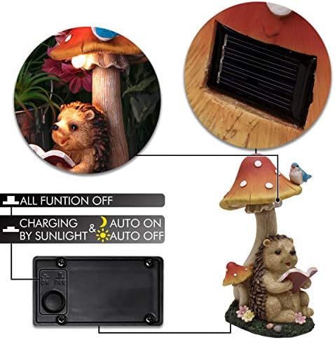 TERESA'S COLLECTIONS Hedgehog Garden Ornaments with Solar Lights, Waterproof Resin Mushroom Garden Statue Outdoor Figurines for Garden Gift Patio Lawn Yard Autumn Decorations, 25.5cm