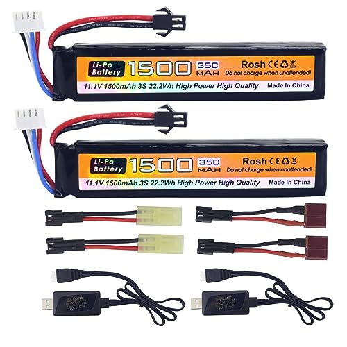 Fytoo 2PCS 11.1V 35C 1500mAh SM-2P Plug T-Plug Kotamiya Plug Lithium Battery with USB Charging Cable for Airsoft Model Gun Rifle RC Car Drone Battery