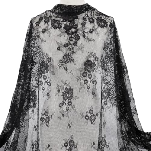 CABODYALS 3 m 168cm Schwarzer Spitzenstoff Mit Wimpernstickerei Blumenmuster Material Netz Durchsichtig Vintage Weicher Dekostoff Zum Nähen...