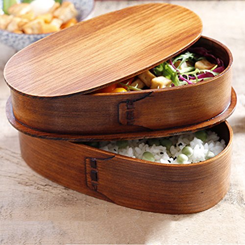 Mlec Tech Boîtes à Bento Japonais Ovale boîte à Déjeuner en Bois Sushi Conteneur Alimentaire Portable à Double Couche avec Sangles