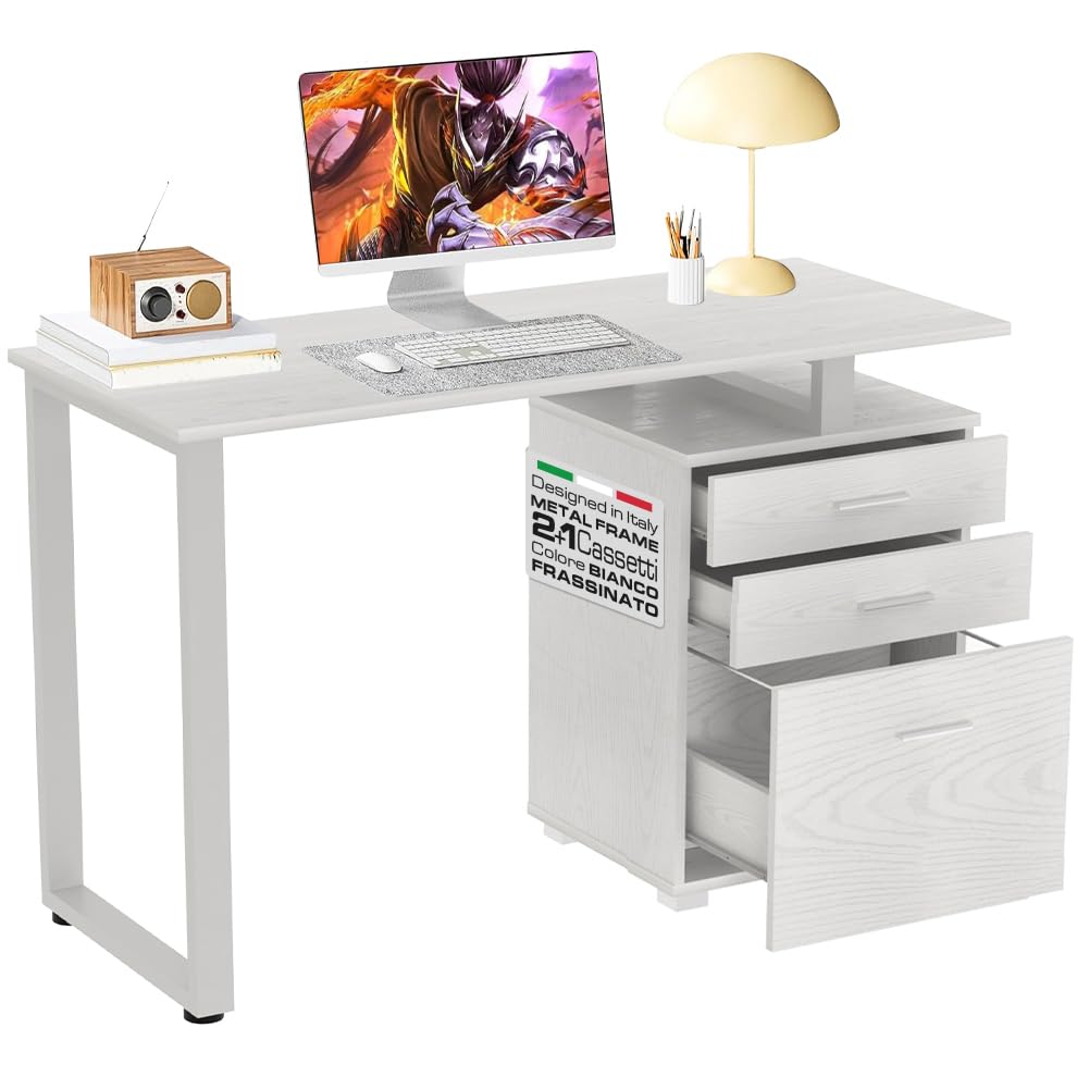 Scrivania Ufficio Scrivania Priscille 120x48x72 Cm - Multiuso Per Ufficio O Casa, Colore Quercia E Bianco, Con 3 Cassetti Scrivania Salvaspazio