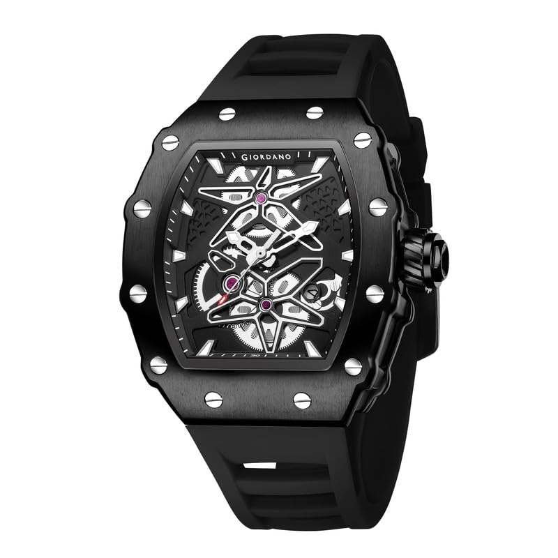 Giordano Analog Skeleton Dial Watch for Men – Tonneau Case, Silicone Strap, Open-Gear Sport Design, Quartz Movement
