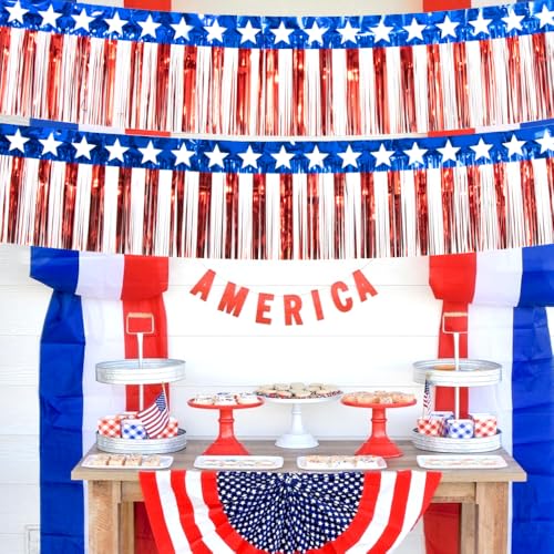 Image of 4 Packs 10 Feet Long Foil Fringe 4th of July Star Garland Memorial Day USA Red White Blue Independence Day Tinsel Metallic Streamers Patriotic Banner Car Parade Floats Garden Trailer Decor