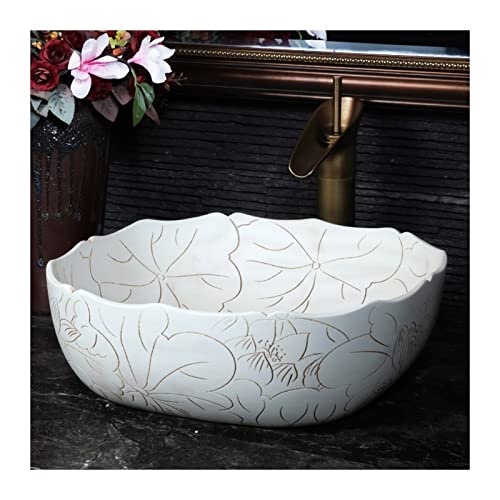 Lavabo de baño Empotrado Lavabo Cuadrado Vintage Tallado a Mano con diseño de Loto, encimera de cerámica, Lavabo for baño, Lavabo artístico Lavabos de baño