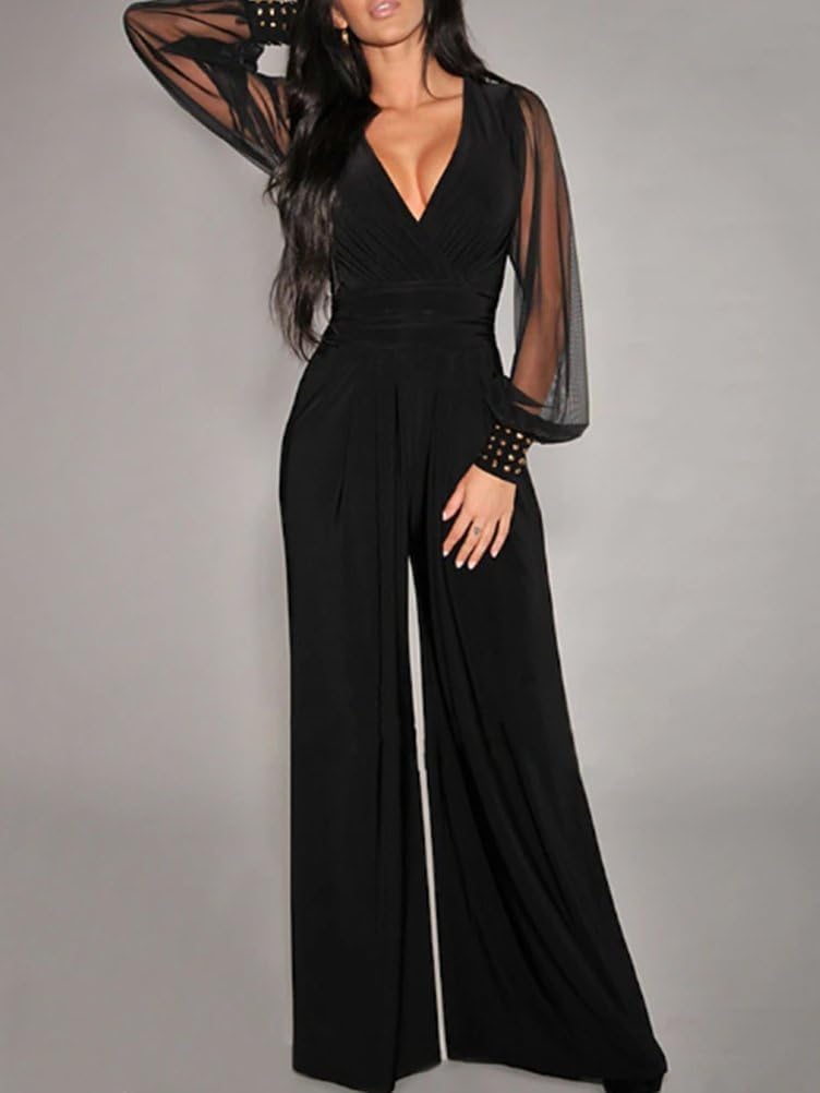 Femmes Sexy Élégant Col V Maille Rivets À Manches Longues Pantalon Droit Combinaison De Fête D'affaires