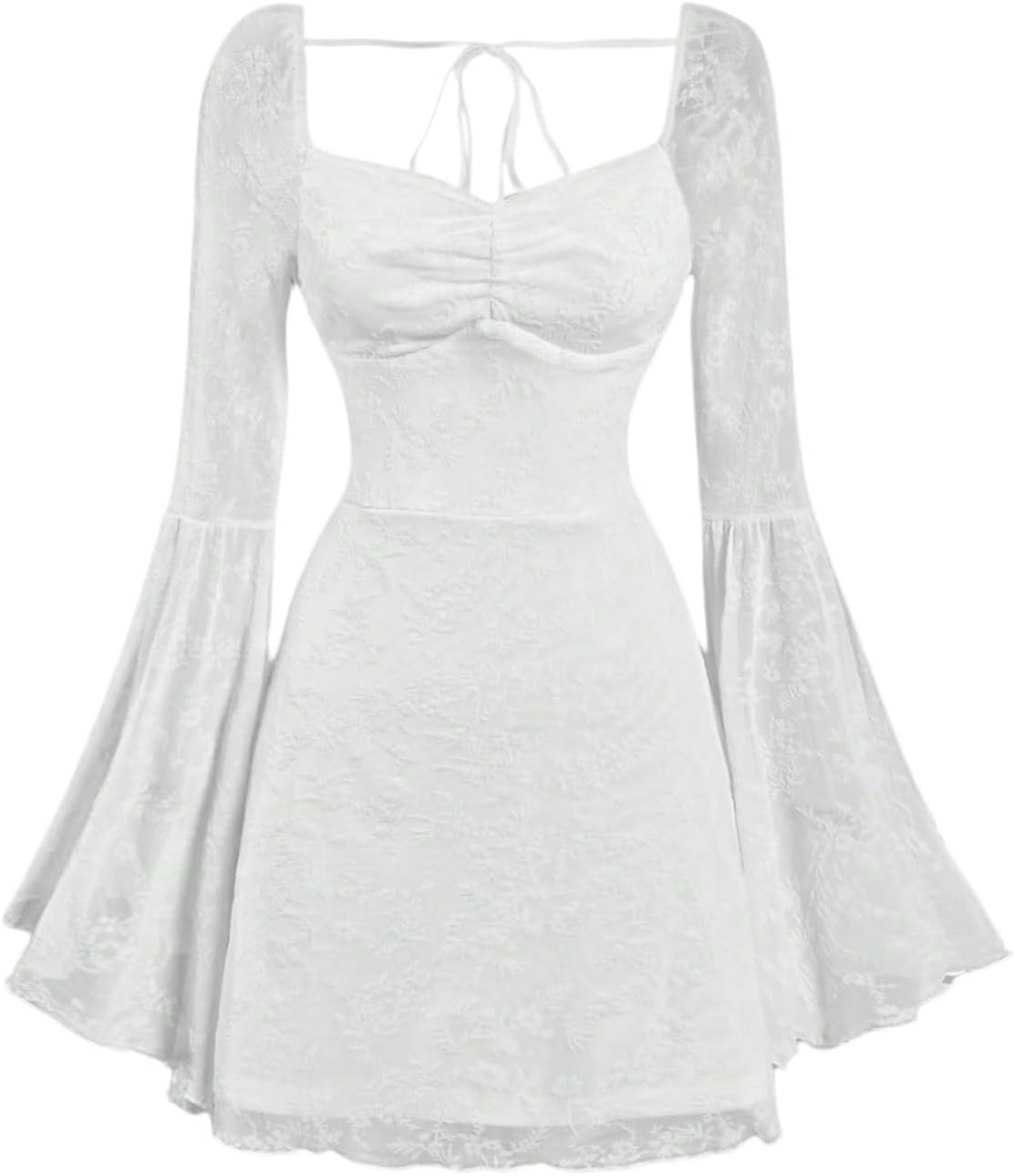 WDIRARA Women's Floral Jacquard Mesh Gothic Dress Bell Long Sleeve A Line Vintage Dresses