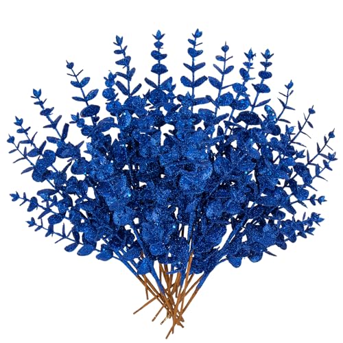 Hollyone 20 Pcs Glitter Christmas Tree Picks and Sprays Artificial Eucalyptus Branches 13" Blue Eucalyptus Leaves Picks Stems for Christmas Tree DIY Garland Wreath Crafts Home Decoration