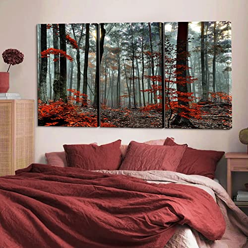 Forest Canvas Wall Art Nature Wall Decor Sunlight Through Red Leaves Giclee Print Painting Modern Home Decoration Silent Trees Photography Picture Artwork For Living Room Bedroom Office 24 X 36" 3Pcs #TOP1