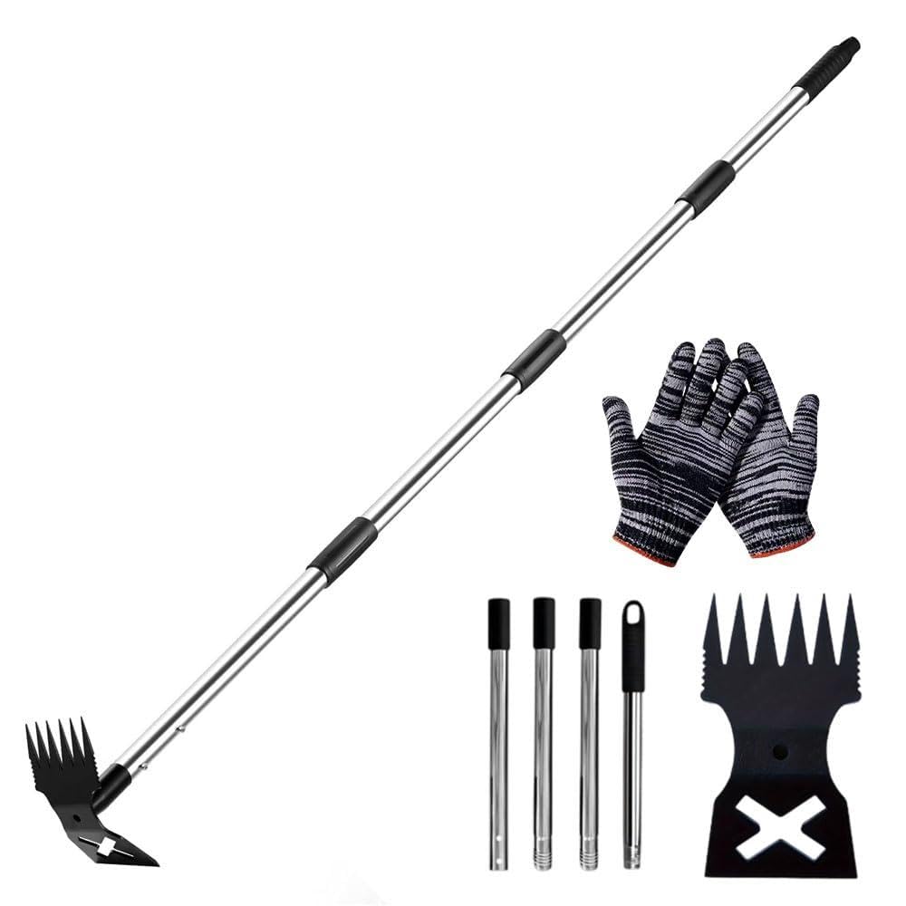 RNPKZ Weed Puller Tool with Long Handle, 150CM Adjustable Heavy Duty Weed Remover Tool with a Pair of Glove, Weeding Tool, 2 in 1 Manual Weed Rake and Garden Hoe for Yard Lawn Patio Garden Driveway