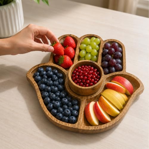 Image of The Earth Store Wooden Hand Platter with Bowl (11 Inch) - Snack Serving Tray for Fruits, Snacks, Desserts & Finger Food