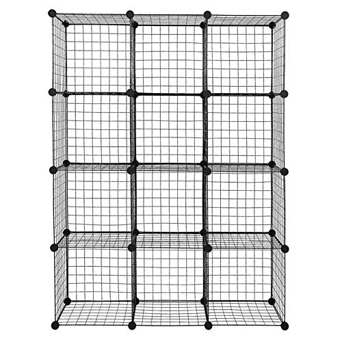 Bonnlo Étagère Cube en Grille, Étagère de Rangement à 12 Compartiments, Meuble en illustres métallique, Placard, Noir, 107 x 37 x 140 cm