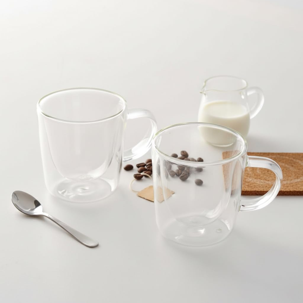 Deconox 2'li Çift Cidarlı Kulplu Cam Fincan Seti - 100 ml Isıya Dayanıklı Espresso ve Türk Kahvesi Bardağı - El Yakmayan Modern Tasarım (2 Adet)