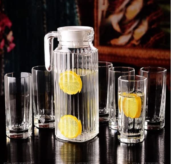 Image of VILON Italian Premium Premium Elegant Glass Lemon Set of 7 Pcs1 Glass Jug (1300 ML) with 6 Glasses (300 ML) (Lighten)