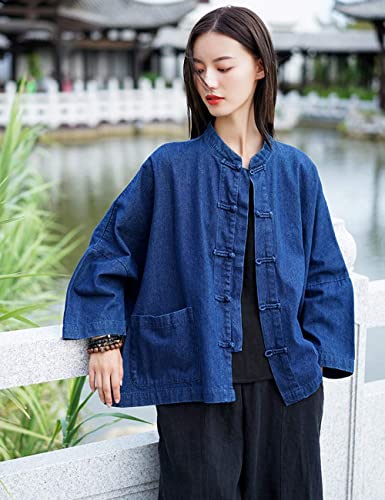 LUZU JUNU Women's Oversized Denim Jacket Casual Long Sleeve Classic Frog Buttons Loose Jean Jacket Coat3