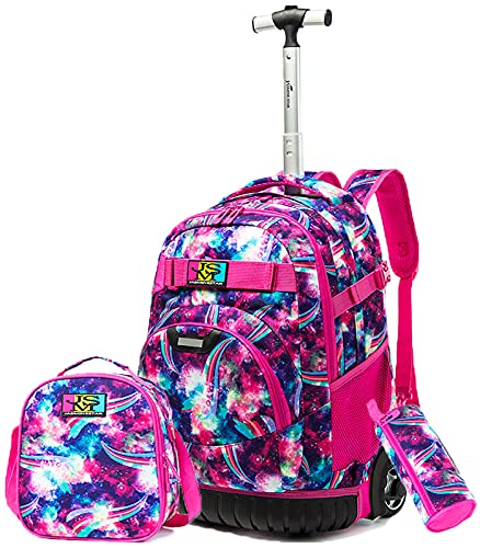 Egchescebo 3PCS Rolling Backpack 18 inch for Girls Boys with Lunch Bag Pencil Case School Bags Wheeled Backpack Travel Kids' Luggage Wheeled Bags Kids Trolley School Bags Fashion Space Starry Sky Printed Durable Bookbag with Big Wheels Red-2