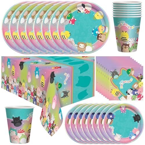 Treasures Gifted Officially Licensed Squishmallows Party Supplies - Serves 16 Guests - Dinnerware Deluxe Set Squishmallows Birthday Decorations - Plates Napkins Cups & Tablecloth Set