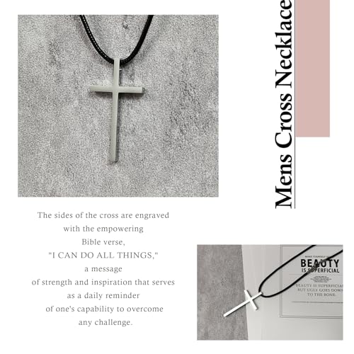 Leather Cross Necklace for Men, Large Cross Pendant with Bible Verse, 24''26''28'' Black Leather Rope, 316 Stainless Steel Cross3
