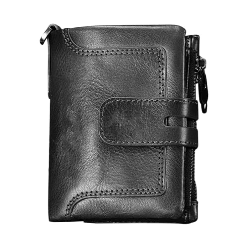 Cartera de cadena para hombre, de piel auténtica, antirrobo, múltiples ranuras para tarjetas, cierre de hebilla y cremallera vertical, Black, Refer to description, Unisex