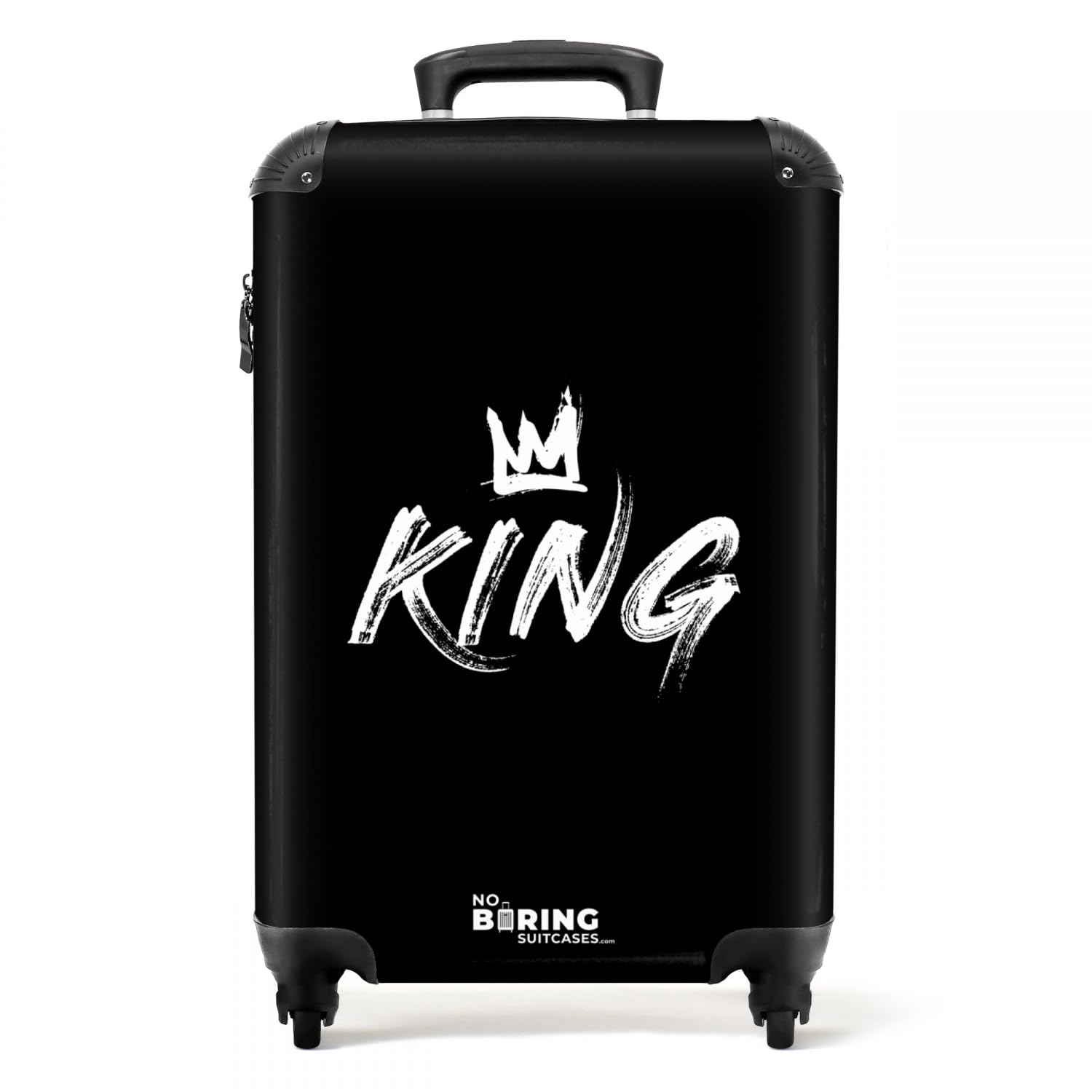 NoBoringSuitcases.com Hartschalenkoffer Groß mit Rollen, TSA - Reisekoffer 20kg Gepäck, King und Krone Design (Schwarz, 67 cm - 72 L)