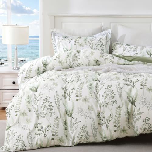 JOLLYVOGUE Floral Duvet Cover Full, 3Pcs Reversible Green Duvet Cover Set
