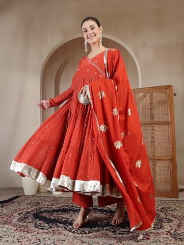 Image of Gulmohar Jaipur Women's Malmal Solid Angrakha Neck Anarkali Kurta Suit Set