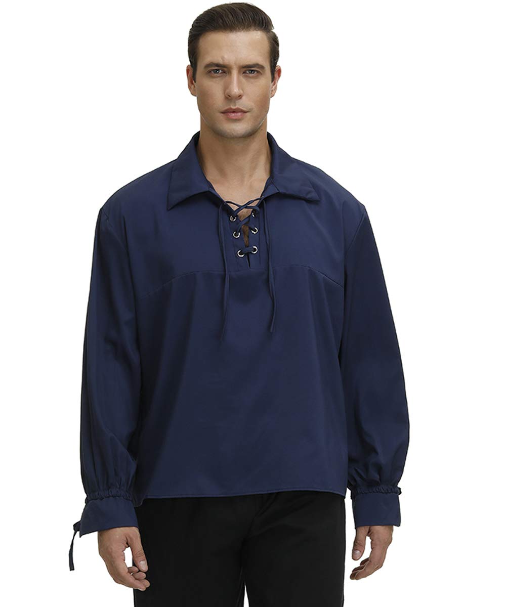 Josamogre Pirate Shirt Men Renaissance Festival Costume Steampunk Shirt Blouse Tops Medieval Viking Cosplay Halloween Dark Blue 2XL