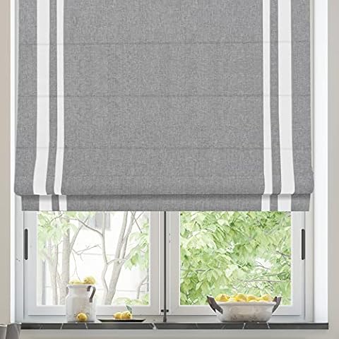 AureSun Cordless Roman Shades with Border, Blackout Grey White Border Roman Window Shades, Washable Custom Fabric Roman Shades for Windows, Bathroom Cover