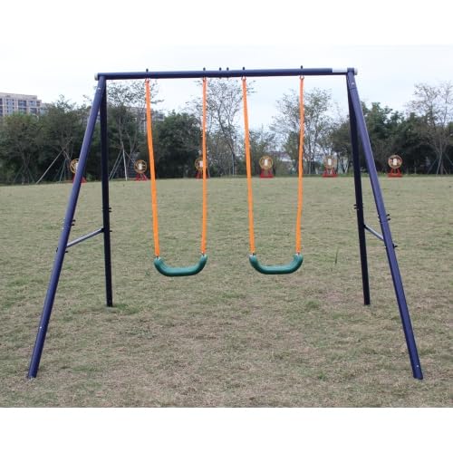 Columpio doble y columpio infantil para jardín para exteriores, estructura de acero con asiento suave antideslizante, para niños de 3 a 8 años, soporta hasta 90 kg, resistente a la intemperie, fácil