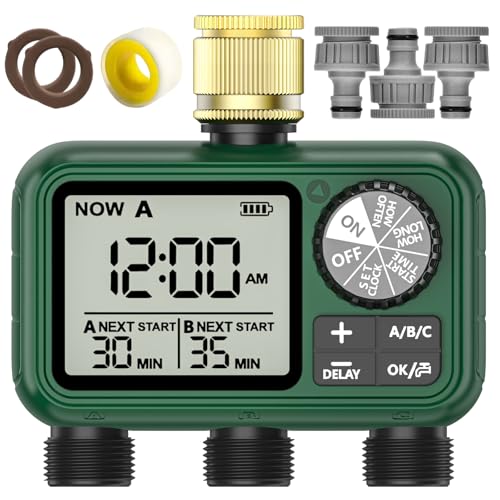 XinFuture Timer Sprinkler con 3 uscite in ottone, timer programmabile per tubo da giardino con ritardo di pioggia, sistema di irrigazione manuale e automatico, per 3 zone di irrigazione separate