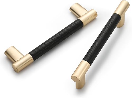 Paquete de 10 manijas moleteadas de 4 pulgadas de color negro y dorado para gabinetes de cocina, tiradores de gabinete de color dorado cepillado,