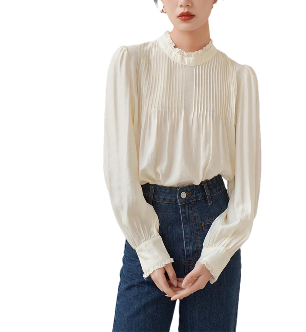 DBFBDTU Women Long Sleeve Blouse Stand Collar Apricot Casual