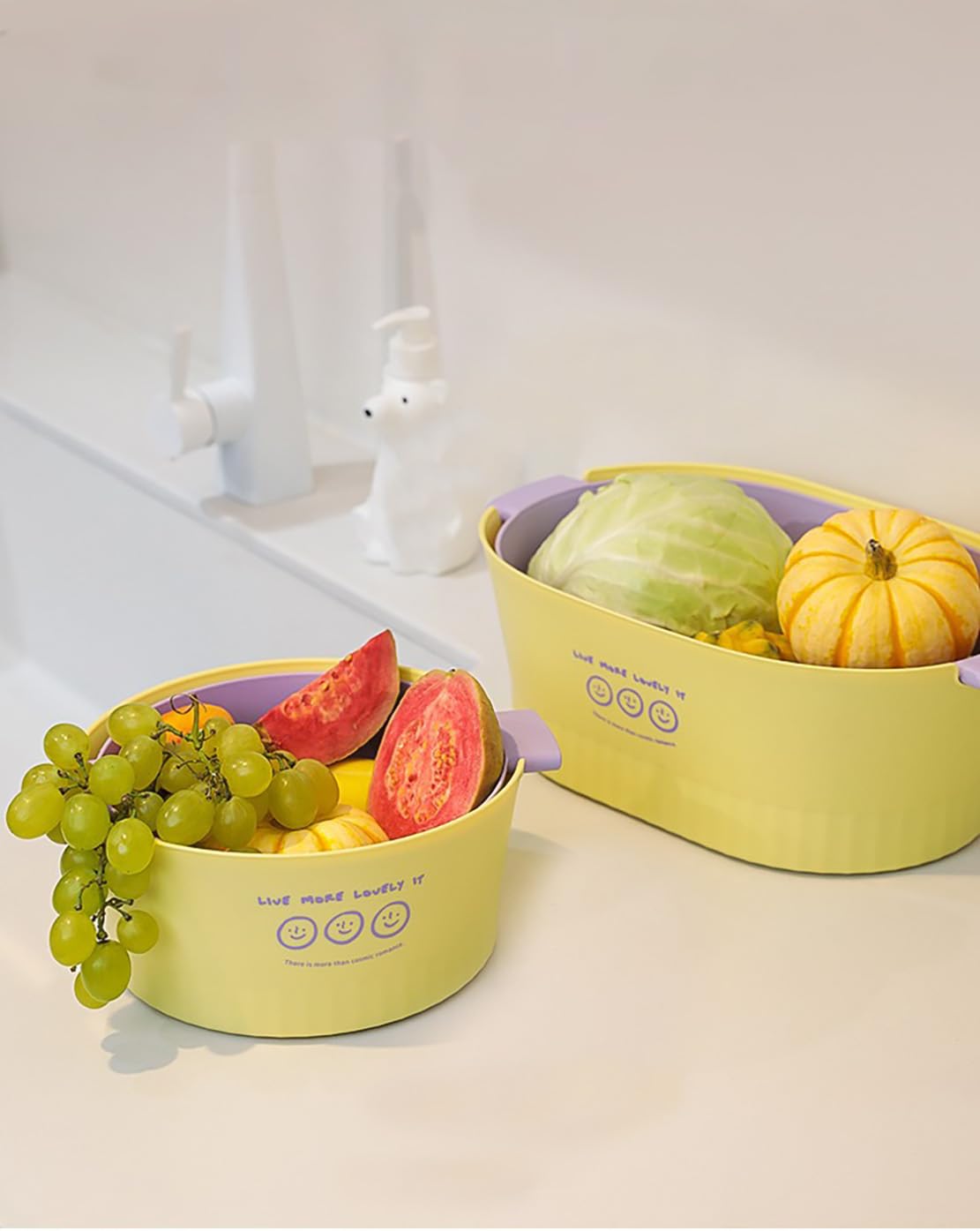 Kitchen Washbas Double-Layer Vegetable Fruit Strainer - Rotating Drain Basket, BPA-Free Plastic Colander - View #6