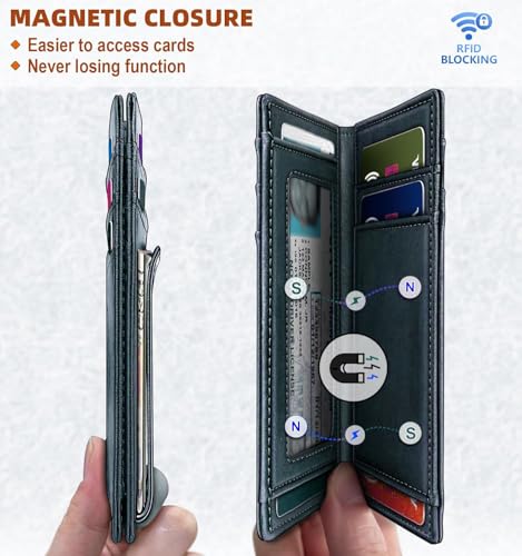 Image of Contacts RFID Blocking Magnetic Closure Slim Genuine Leather Front Pocket Wallet for Men Holds up to 12 Cards Including 1 ID Window with Money Clip (Blue)