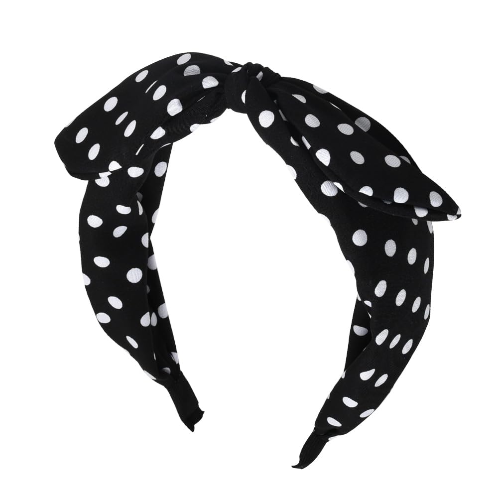 KilenerPolka Dot Hairband Knotted Bow Headband for Women with Rabbit Ears Black Non Slip Headband for Girls Hair Band