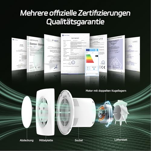 TronicXL 230V Badlüfter Mit Kabel Schalter Und Stecker IPX4 125mm Abluft/Zuluft Lüfter Ventilator Mit Netzstecker Für WC Toilette Keller Küche Einbau Einbaulüfter Abluftventilator