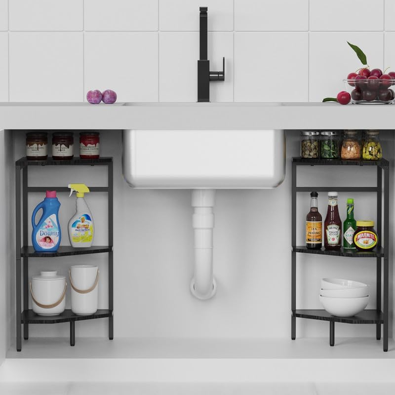 CADUKE Under Pedestal Sink Shelf, 2 Pack Under Sink Organizers and Storage, 3-Tier Pedestal Under Sink Storage Bathroom Vanity, Corner Shelf Stand for Bathroom, Kitchen, Living Room, Black