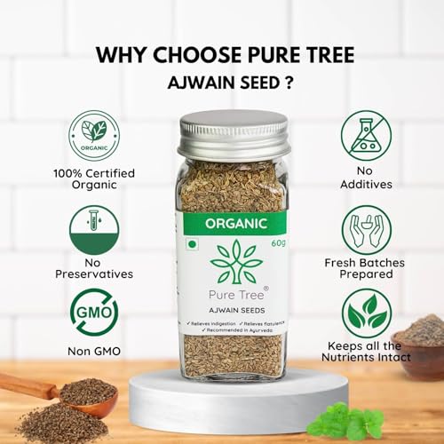 Image of Pure Tree Certified Organic Carom Seeds | 60 g | Glass Jar | Ajwain Seeds | Omam | Vamu | Ajowan | Ayamodakam Seeds Rich In Antioxidants