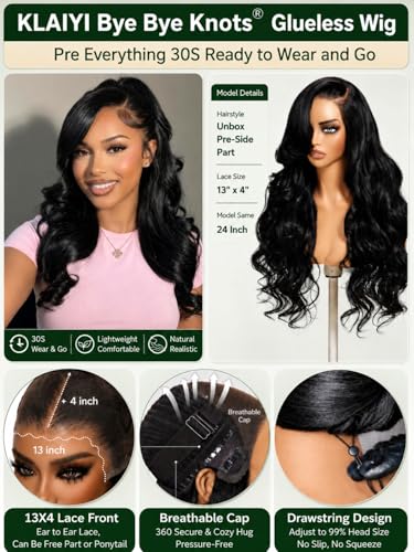 Image of KLAIYI Loose Body Wave Pre Everything Glueless 13x4Lace Front Wigs Human Hair Layered Face Framing Side Bang Drawstring Pre Plucked Bleached Bye Bye Knots 3S Ready to Wear and Go Wig for Women 26Inch