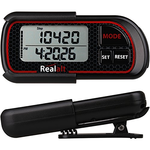 Realalt 3D Pedometer with Clip and Strap P08R| Best Pedometer for Walking with 30-Days Memory. Accurately Track Steps, Calories, Distance Miles/Km & Daily Target Monitor for Men & Women