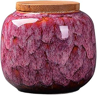 Ceramics Food Jar with Natural Bamboo Lid, Food Storage Container for Storing Kitchen Spices Salt Tea Coffee (Rose wine)