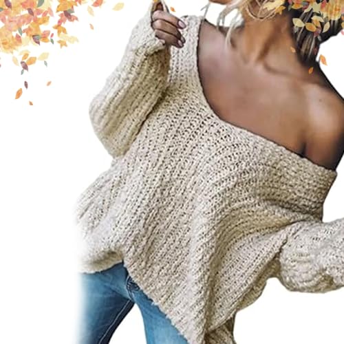 Women's Off-The-Shoulder Sweater Loose Lightweight Pullover Top, V-Neck Hollow Knitted Long-Sleeved Solid Color