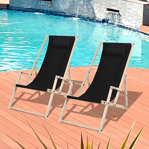 Cecaylie Tumbona de playa plegable de madera, tumbona de jardín con reposabrazos y almohada, tumbona extraíble para el jardín, terraza y balcón, plegable, máx. 120 kg (negro, 2 unidades)
