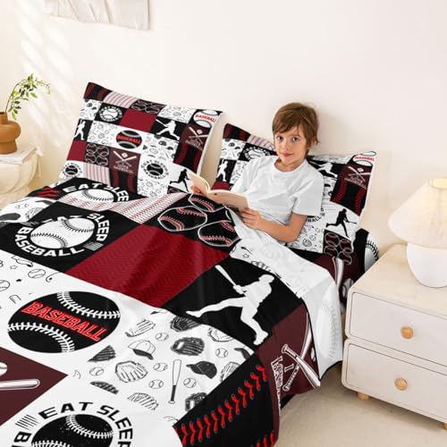 Image of Castle Fairy Patchwork Baseball Bed Sheet King Set,Sports Geometric Grid Red Sheet Sets Adults Room Decoration,Baseball Bedding Set with Flat,Fitted Sheet,2 Pillow Cases