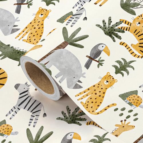 WRAPAHOLIC Kraft Baby Shower Wrapping Paper Roll - Mini Roll - 17 Inch x 10 Feet - Adorable Jungle Animal Wrapping Paper for Neutral Baby Shower, Kids Boys Girls Birthday