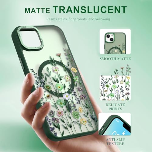Image of Magnetic for iPhone 13 Case with for Women Girls, Green Flower | Pretty Floral Pattern Design [Compatible with MagSafe] Shockproof Slim Translucent Matte Non-Slip Protective Cover