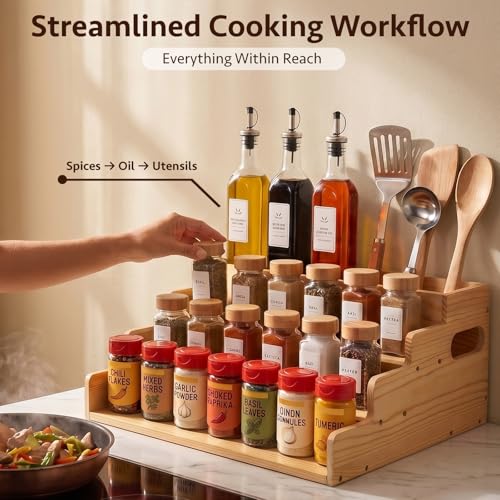 3 Tiered Wooden Spice Rack with Extra Utensil Holder and Adjustable Dividers, Spice Shelf for Spice Jars, Seasonings and Cooking Tools, Farmhouse Countertop Spice Organizer for Kitchen — view 3