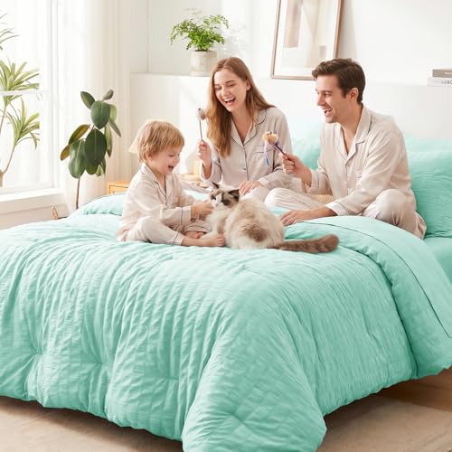 Image of CozyLux Queen Comforter Set Mint Green, 7 Pieces Seersucker Textured Luxury Bed in a Bag Queen, All-Season Bedding Sets with Down Alternative Comforter, Sheets, Pillowcases & Shams, Bedroom Bed Set