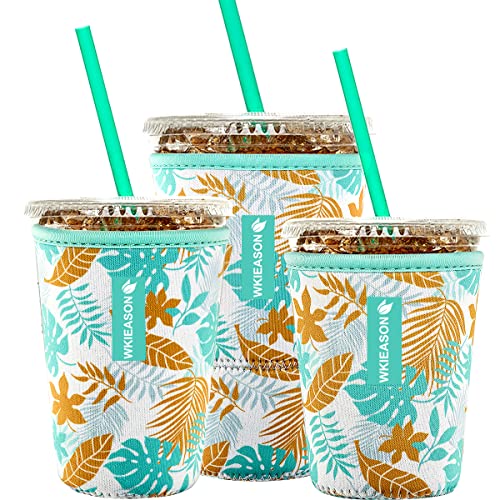 Image of Reusable Iced Coffee Insulator Sleeve for Cold Beverages and Neoprene Cold Coffee Cup Sleeves Cooler Cover 16-32OZ for Coffee Cup, McDonalds, Dunkin Donuts, More (Leaves print)