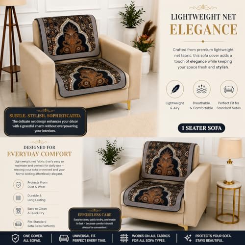 Image of Homerz Premium 'Maharaja Paradise Series' Sofa Cover | Net Fabric Sofa Cover | Washable, Anti-Dust Backed & Wrinkle Resistant Cover (Sheesh Mahal, 1 Seater, Seat Cover with Backrest)